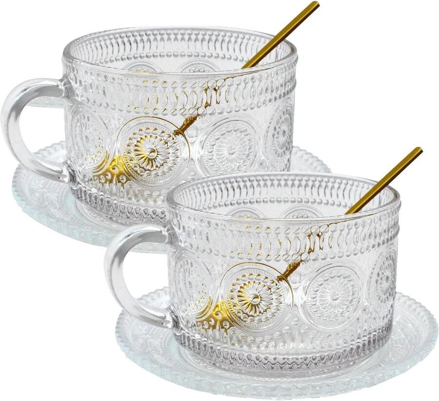 Set van 2 glazen koffiekopjes grote theeglazen met handvat 2 glazen schotels 2 lepels kristallen glazen kopjes met schotel voor cappuccino thee latte macchiato ijskoffie melk