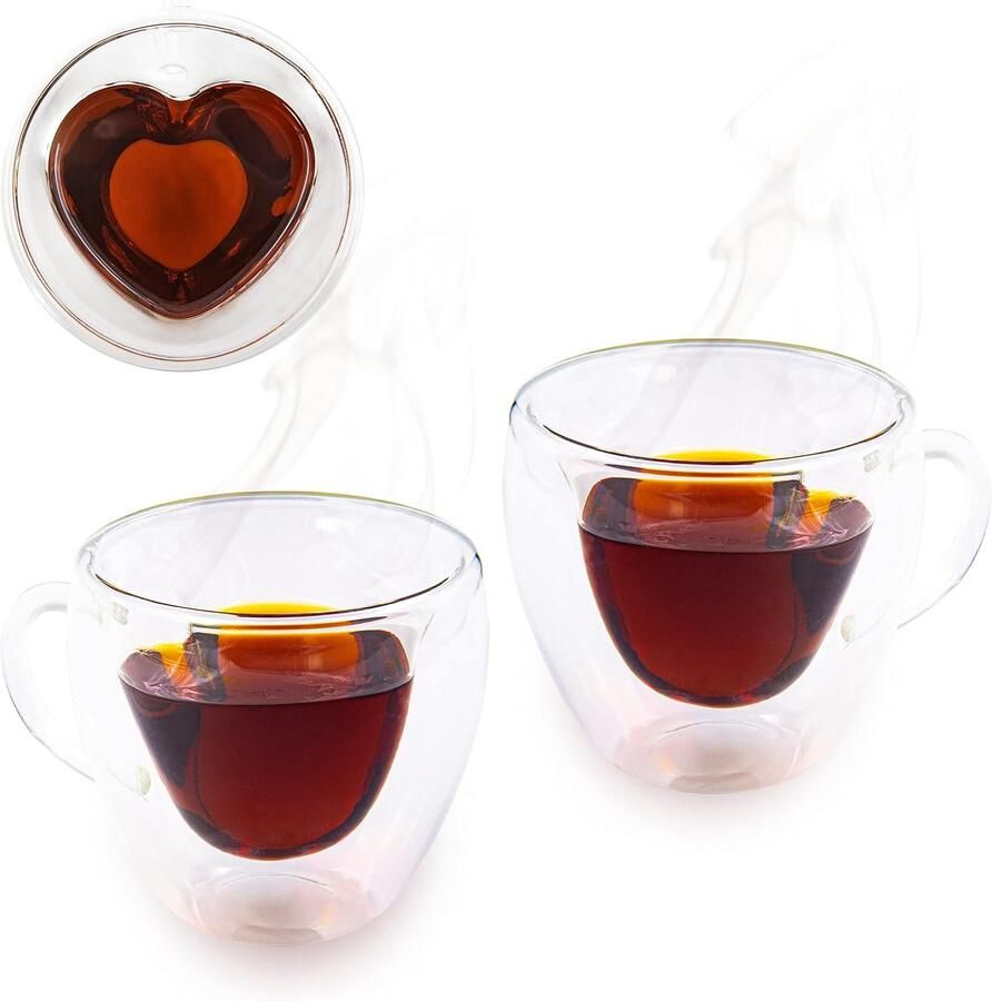 Set van 2 glazen kopjes dubbelwandige glazen in hartvorm theekop kantoor cappuccinokopjes koffieglas inhoud 200 ml