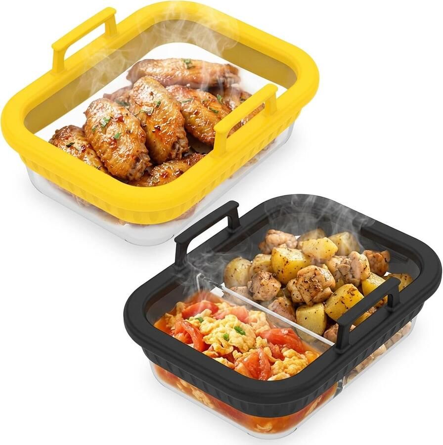 Set van 2 glazen vormen voor heteluchtfriteuse met siliconen handgrepen 1100 ml ovenschaal van glas bakvorm met scheidingswand magnetron en oven vaatwasmachinebestendig transparant
