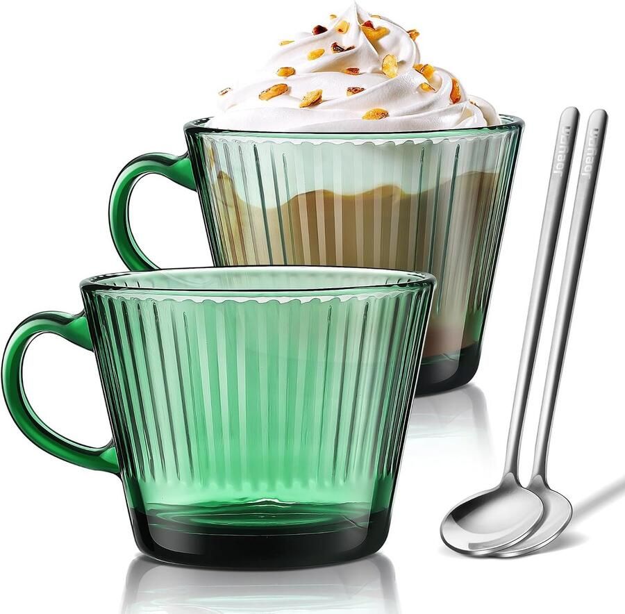 Set van 2 groene geribbelde koffiekopjes met lepel vintage theeglas met handvat dikwandige espressokopjes cappuccino kop voor ijs ijsthee melk sap vaatwasbestendig 450 ml