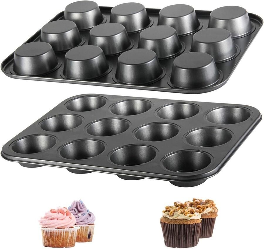 Set van 2 Grote Muffinvormen Antiaanbakbare Bakplaten voor Cupcakes en Puddingen (35.3 x 26.2 x 3 cm)