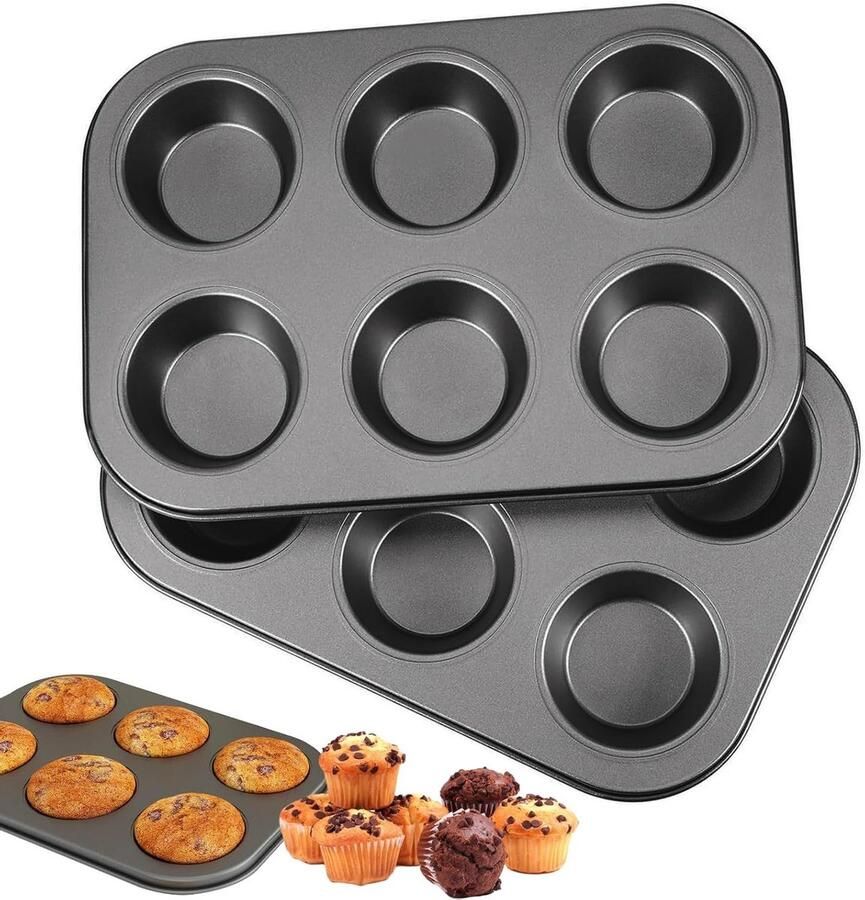 Set van 2 Grote Muffinvormen van Koolstofstaal met Antiaanbaklaag Geschikt voor Cupcakes en Brownies Vaatwasserbestendig Muffin Bakplaat voor 6 Stuks
