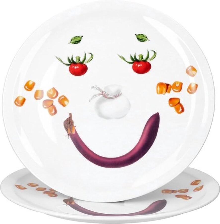 Set van 2 Grote Porseleinen Pizzaborden met Smiley Gezicht Diameter 30 5 cm