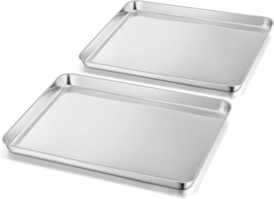 Set van 2 grote rechthoekige bakplaten van roestvrij staal ideaal voor bakken koken en serveren vaatwasserbestendig en niet-toxisch