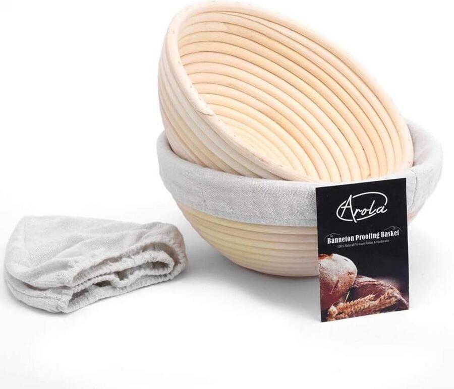 Set van 2 handgeweven ronde broodbakmanden van rotan 22 cm met linnen voering voor thuisbakkers
