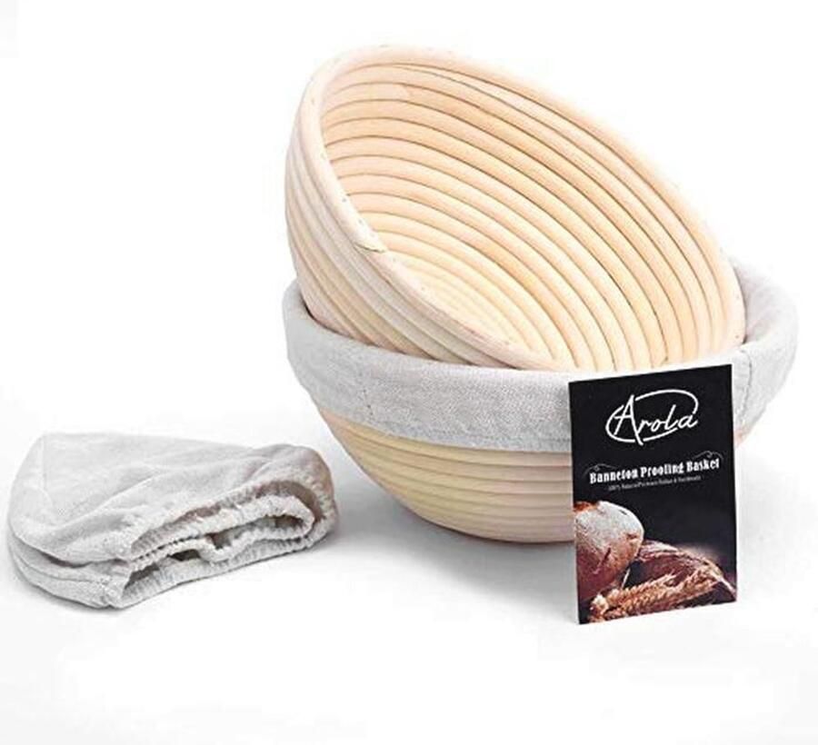 Set van 2 handgeweven ronde broodbakmanden van rotan 22 cm met linnen voering voor thuisbakkers