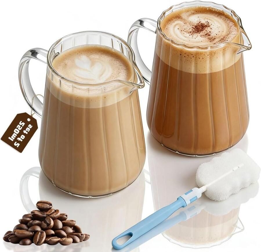 Set van 2 hittebestendige glazen melkkan van 250 ml voor espresso koffie en thee Geschikt voor vaatwasser en magnetron