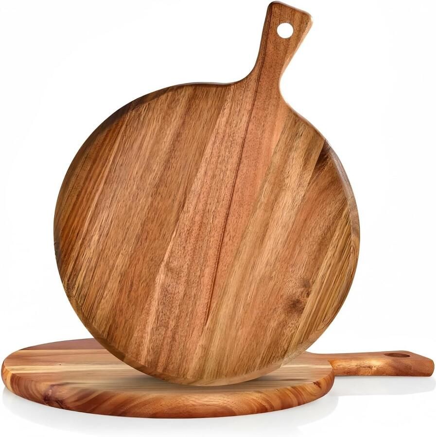 Set van 2 Houten Pizza Schalen van 30 cm met Handvat – Ideaal voor Pizza Flammkuchen en Kaasplank Gebruik