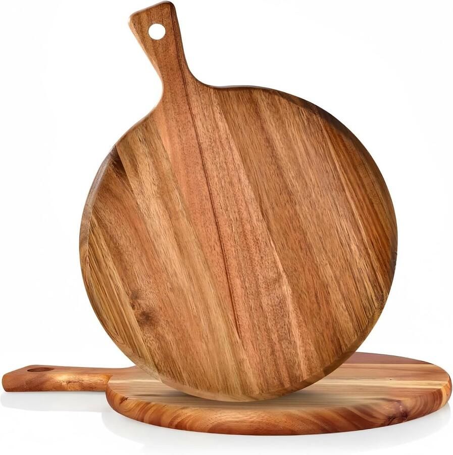 Set van 2 Houten Pizza Platen met Handvat – 30 cm Diameter Ideaal voor Pizza Flammkuchen en Kaasplank