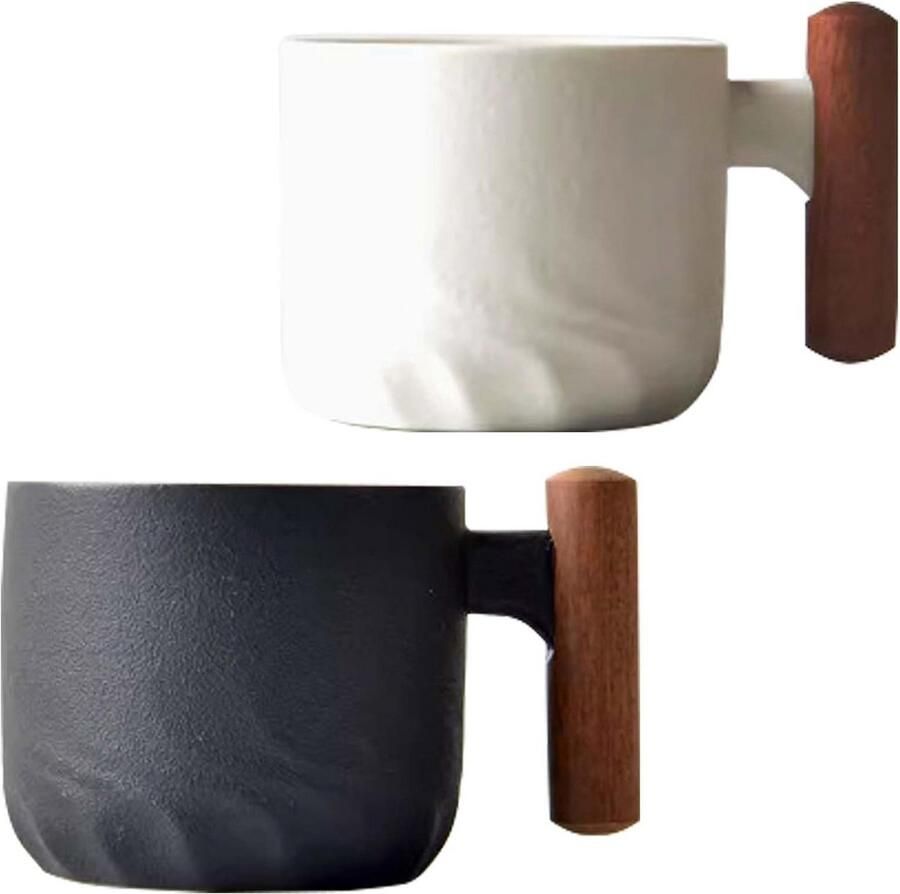 Set van 2 Keramische Espresso Kopjes met Houten Handvat 60 ml Cappuccino & Latte Mokken
