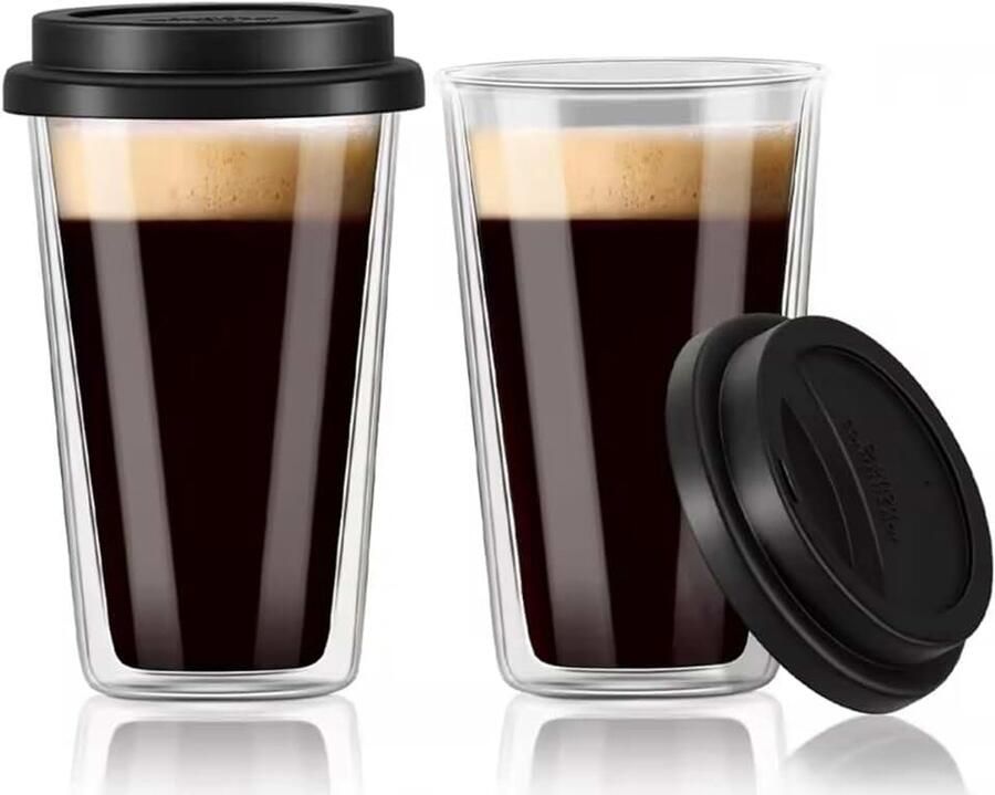 Set van 2 koffiekopjes van glas met siliconen deksel 360 ml dubbelwandige espressokopjes warmte-isolerend perfect voor koffie latte cappuccino Americano thee