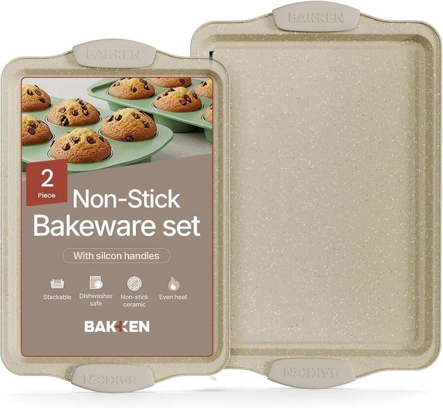 Set van 2 Koolstofstalen Bakplaten met Antiaanbaklaag en Siliconen Handvat Ovenbestendig