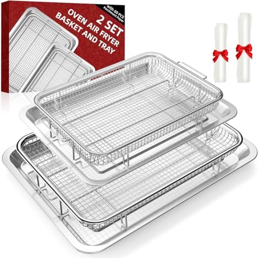 Set van 2 luchtfriteuse manden voor oven met 60 perkamentpapier en roestvrijstalen frituurbakje