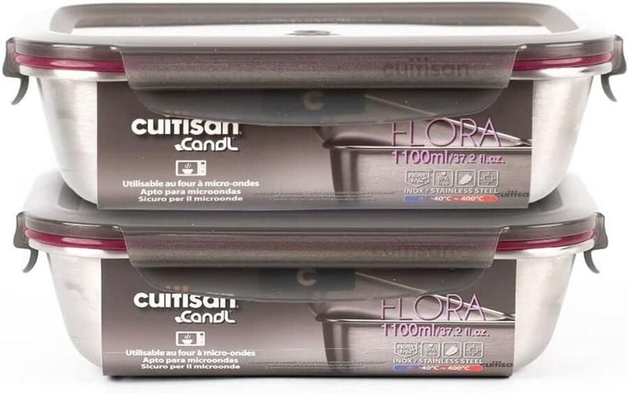 Set van 2 Magnetronbestendige Roestvrijstalen Voedselcontainers 1100ml