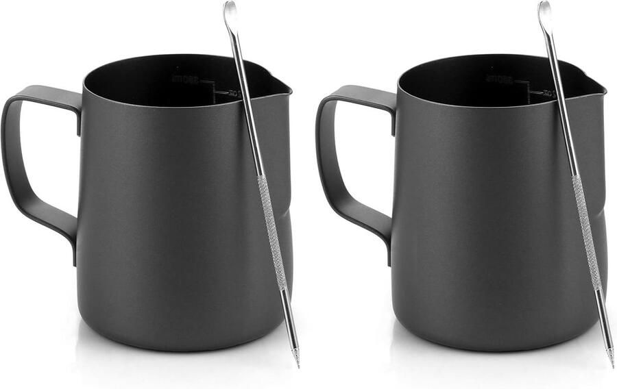 Set van 2 Melkkannen van RVS 350 ml Zwarte Melkkannen met Maatvoering en Latte Art Pen voor Perfecte Cappuccino en Espresso