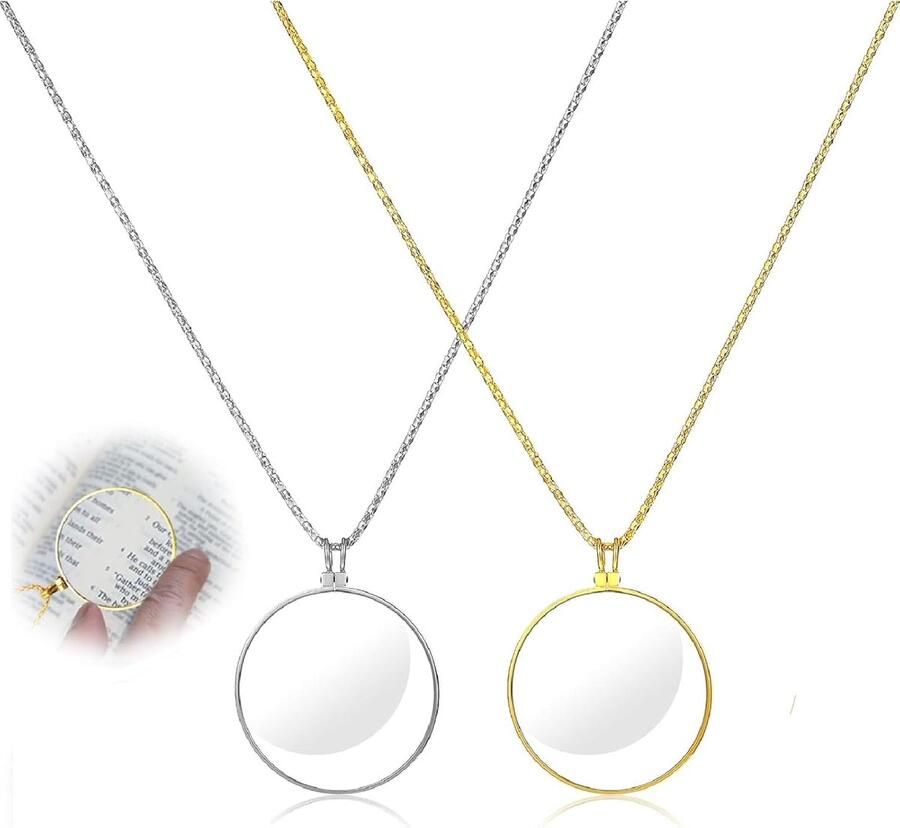 Set van 2 monocles als 5 x metalen loep met glazen lens 42 mm leesloep met 45 cm ketting om te hangen in goud zilver brilstijl voor boek en krant ook kostuum