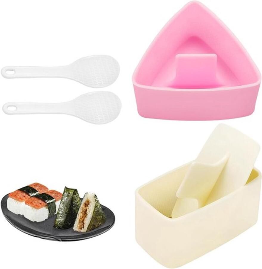 Set van 2 Onigiri Makers Beige Rechthoekige en Roze Driehoekige Rijstvormers met Lepel voor Sushi en Rijstballen Perfect voor Kinderen en Creatief Koken