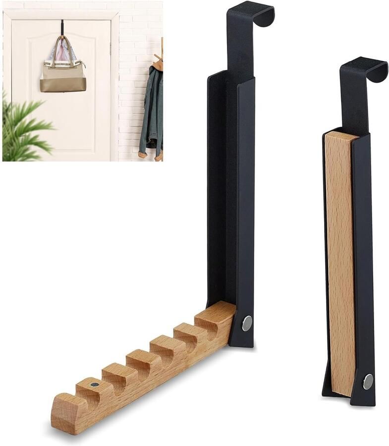 Set van 2 opvouwbare deurhaken Voor 6 kleerhangers Deurhaak om op te hangen Vouwhaak voor deurgroef van 2 cm Zwart