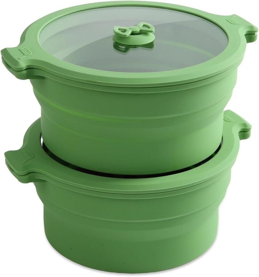 Set van 2 Opvouwbare Siliconen Magnetron Stoomkokers met Deksel en 1.4L Opslag