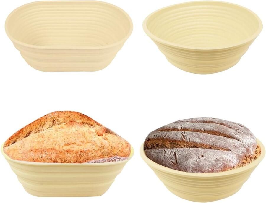 Set van 2 Opvouwbare Siliconen Rijstmanden en Broodvormen voor Desem en Pizza Ovalen en Ronde Mallen Ideaal voor Bakken en Serveren