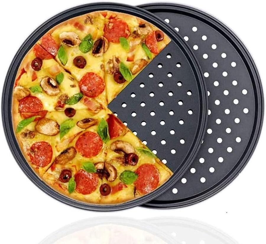 Set van 2 perforerende anti-aanbak pizza pannen perfect voor thuis en feesten ideaal voor het bakken van pizza's en taarten
