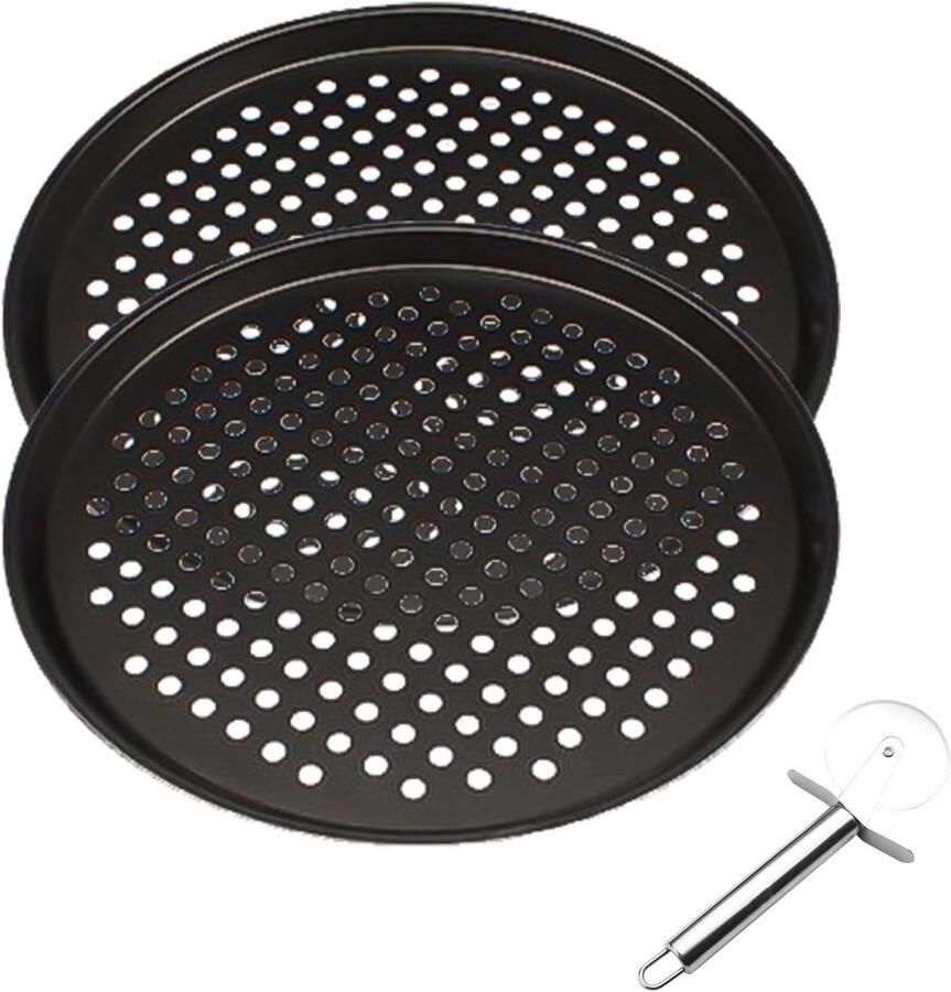 Set van 2 perforerende anti-aanbak pizzaplaten met pizzasnijder Ideaal voor krokante pizza's oven en diepvriesgebruik (32 cm) Geschikt voor thuis en catering