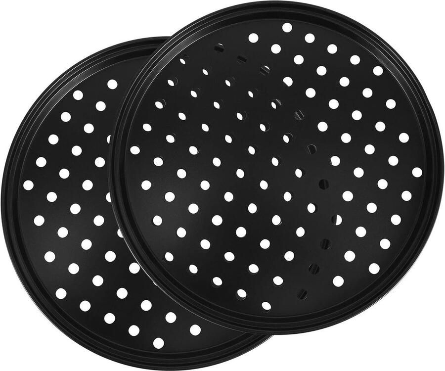 Set van 2 perforerende pizza pannen van 10 inch van koolstofstaal met anti-aanbaklaag eenvoudig schoon te maken en ideaal voor perfect gebakken pizza's