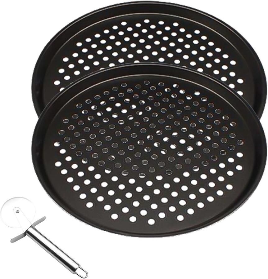 Set van 2 perforerende pizza platen met pizza snijder Ovenbestendig en vaatwasserbestendig Ideaal voor thuisgebruik en catering (32 cm)