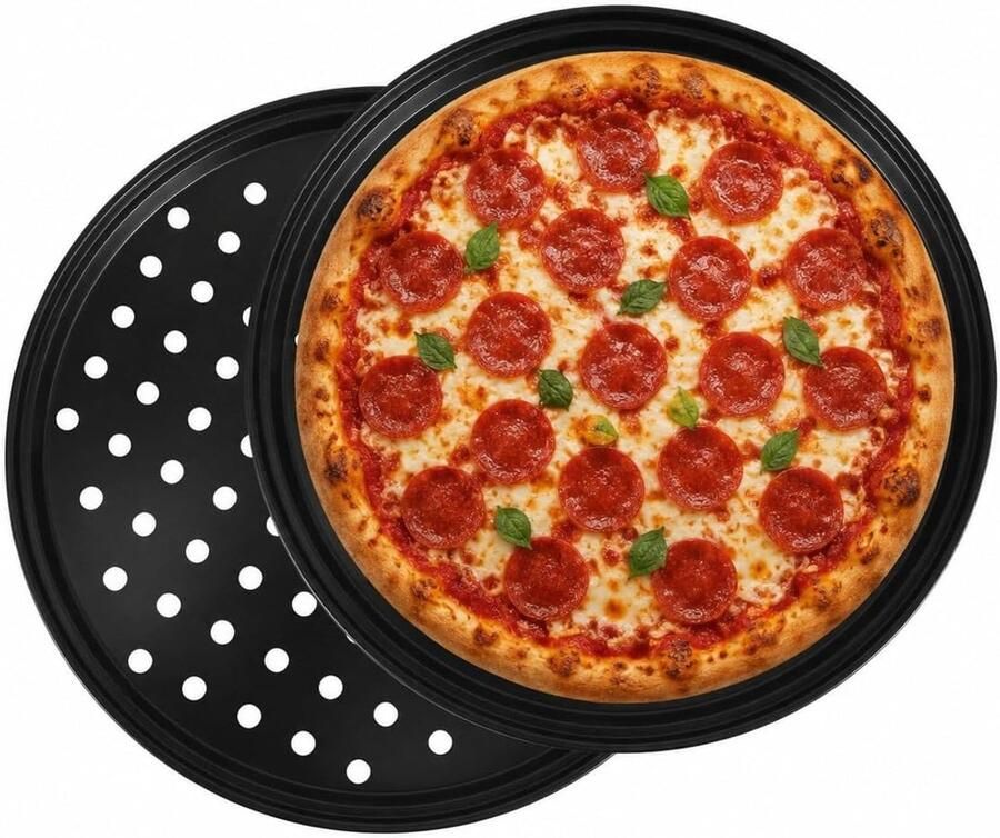 Set van 2 perforerende pizzapannen van 10 inch carbon staal met anti-aanbaklaag eenvoudig schoon te maken en ideaal voor thuisgebruik