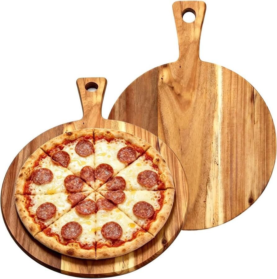 Set van 2 Pizza Schalen en Houten Snijplank met Handvat Ideaal voor Pizza Taart en Snacks 40 x 30 cm