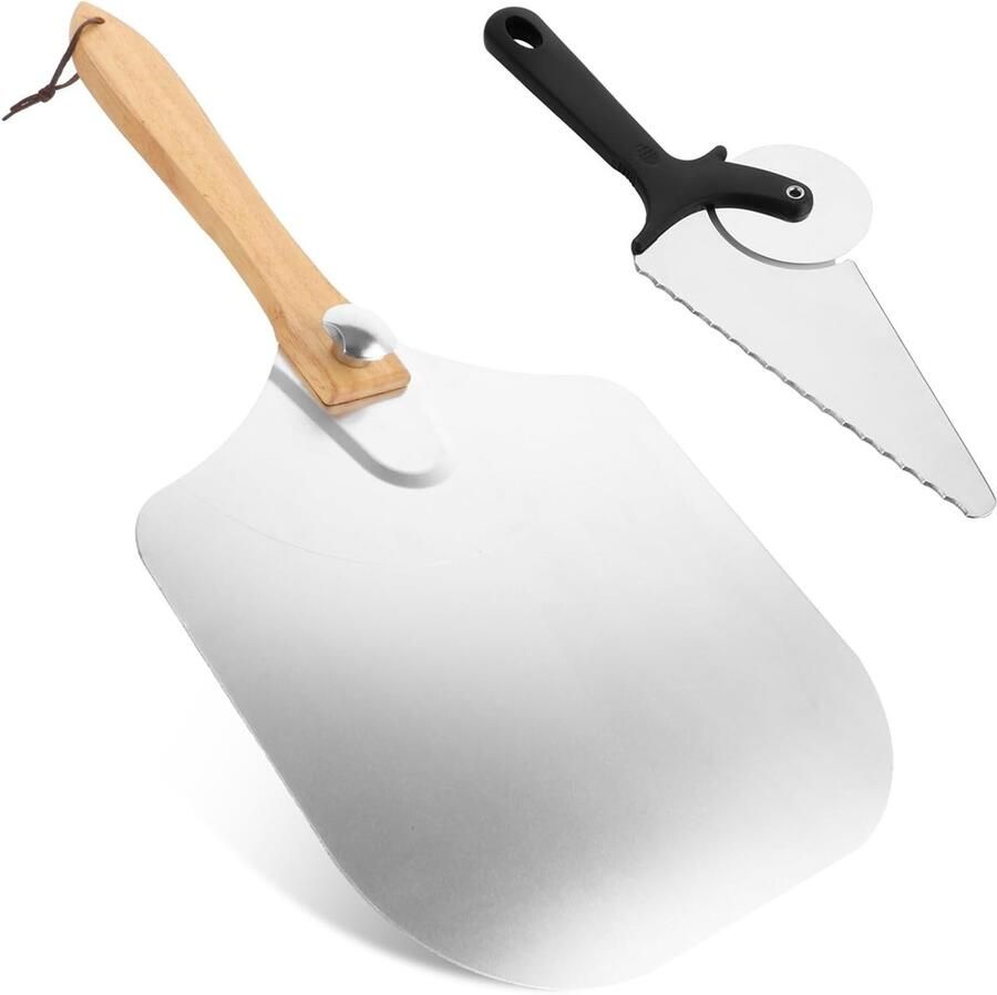 Set van 2 Pizza Scheppen met Opvouwbare Houten Handgreep en Pizzasnijder Ideaal voor Thuis Pizza Bakken Brood en Gebak bereiden