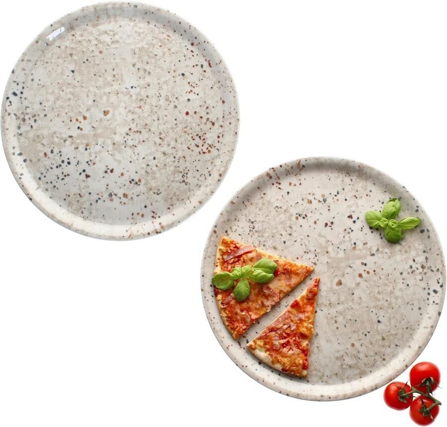 Set van 2 pizzaborden van porselein Ø 33 cm 3D steenlook afwerking Geschikt voor 2 personen XL serveerplaten voor pizza en meer