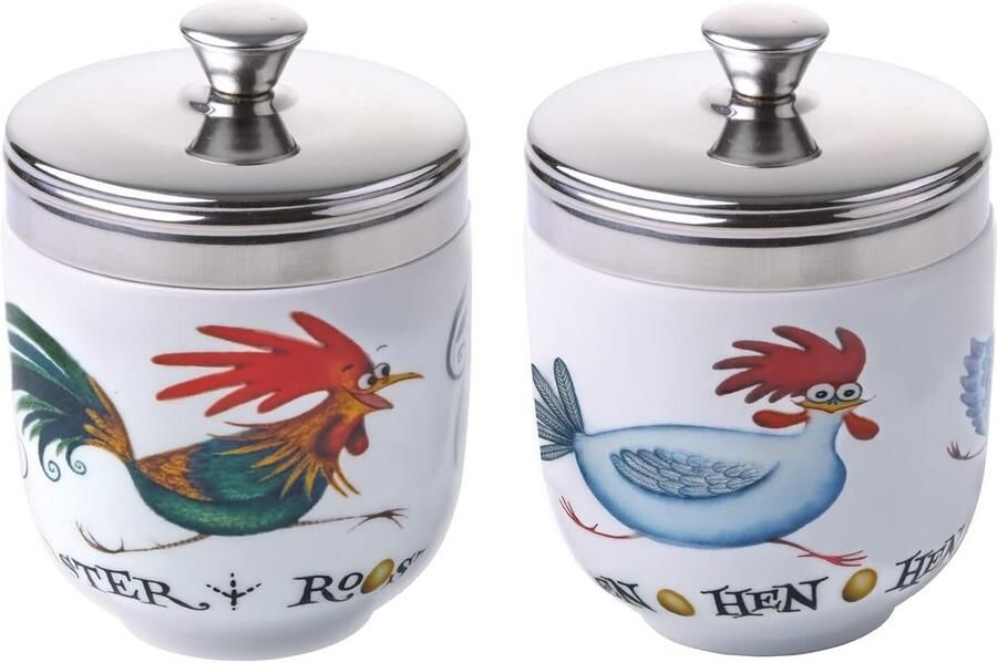 Set van 2 Porseleinen Eier-Coddlers Chasing Chickens Design Keuken Gadgets voor Eieren