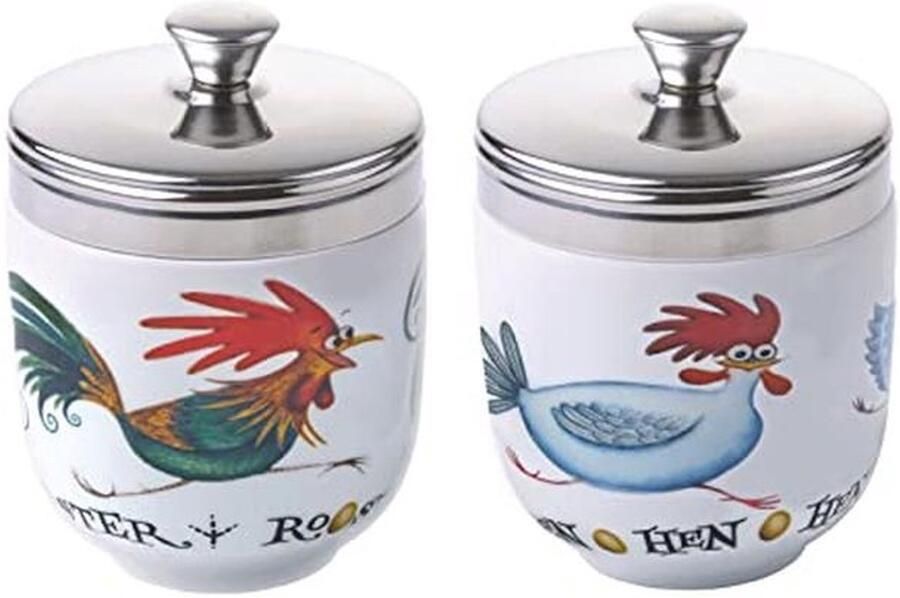 Set van 2 Porseleinen Eier-Coddlers Chasing Chickens Design Keuken Gadgets voor Eieren