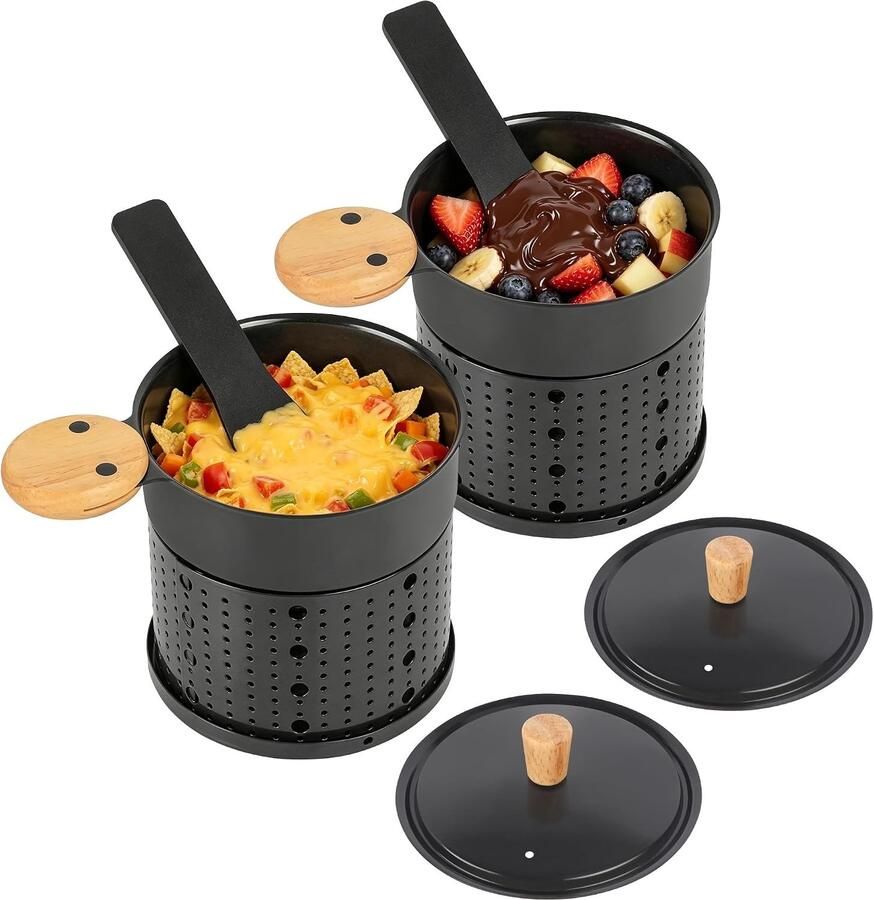 Set van 2 Raclette Pannetjes Zwart Compacte Afmetingen Met Anti-aanbaklaag Voor Tafel en Buitengebruik