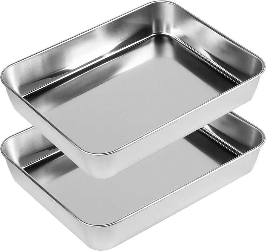 Set van 2 Rectangulaire Bakplaten van RVS Vaatwasserbestendig Ideaal voor Bakken en Koken 26.5 x 20.5 x 4.8 cm