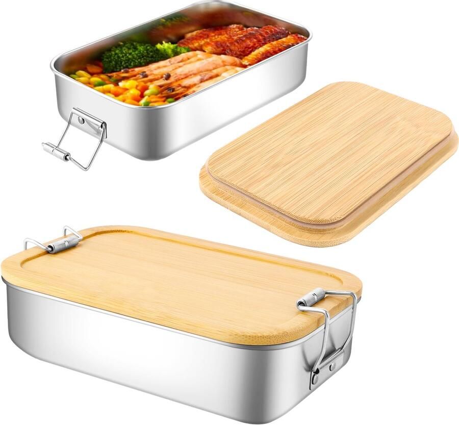 Set van 2 roestvrijstalen broodtrommel voor kinderen 700 ml met bamboedeksel lekvrije metalen lunchbox roestvrij staal herbruikbaar lunchbox roestvrij staal metaal voor school