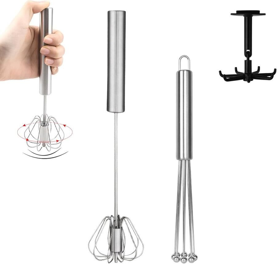 Set van 2 roestvrijstalen garde met 1 haak – mini-mixer met kralen halfautomatische garde multifunctionele handmixer voor het mengen en bereiden van je recepten zilverkleurig