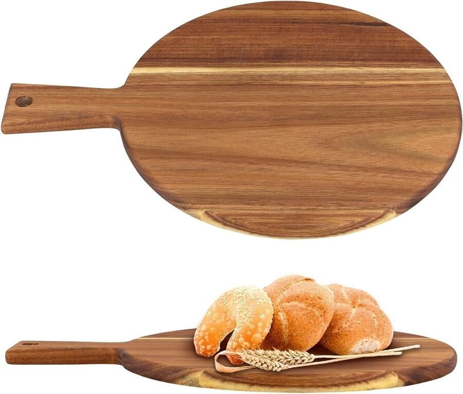 Set van 2 ronde houten borden van 30 cm bruine pizza serveerschalen met handvat ideaal voor de keuken en feesten