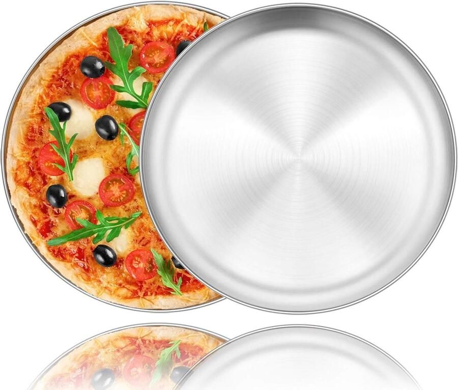 Set van 2 Ronde Pizza Platen van RVS Ideaal voor Oven Bakken Duurzaam en Makkelijk Schoon te Maken 26 cm