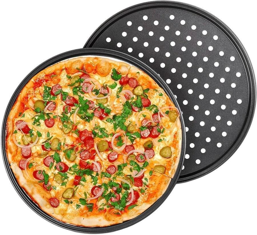 Set van 2 Ronde Pizzabakken met Antiaanbaklaag van Koolstofstaal Ideaal voor Pizza en Taart Diameter 32 cm Zwart