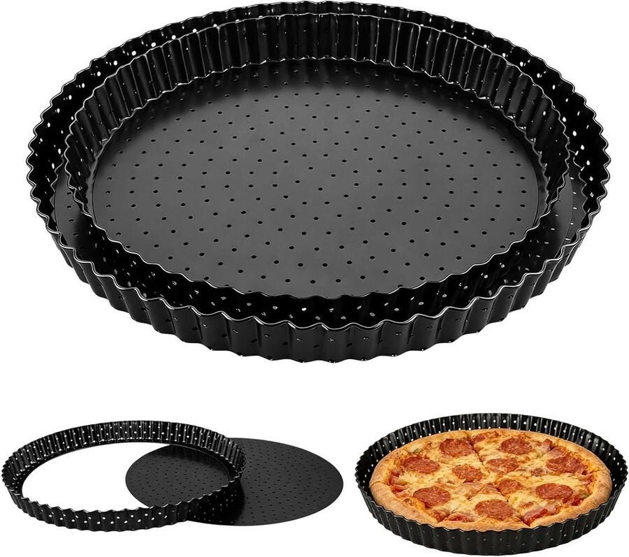 Set van 2 ronde taartvormen met hefbodem en gaten 26 cm en 30 cm ideaal voor quiches en pizza's met anti-aanbaklaag en duurzame koolstofstaal