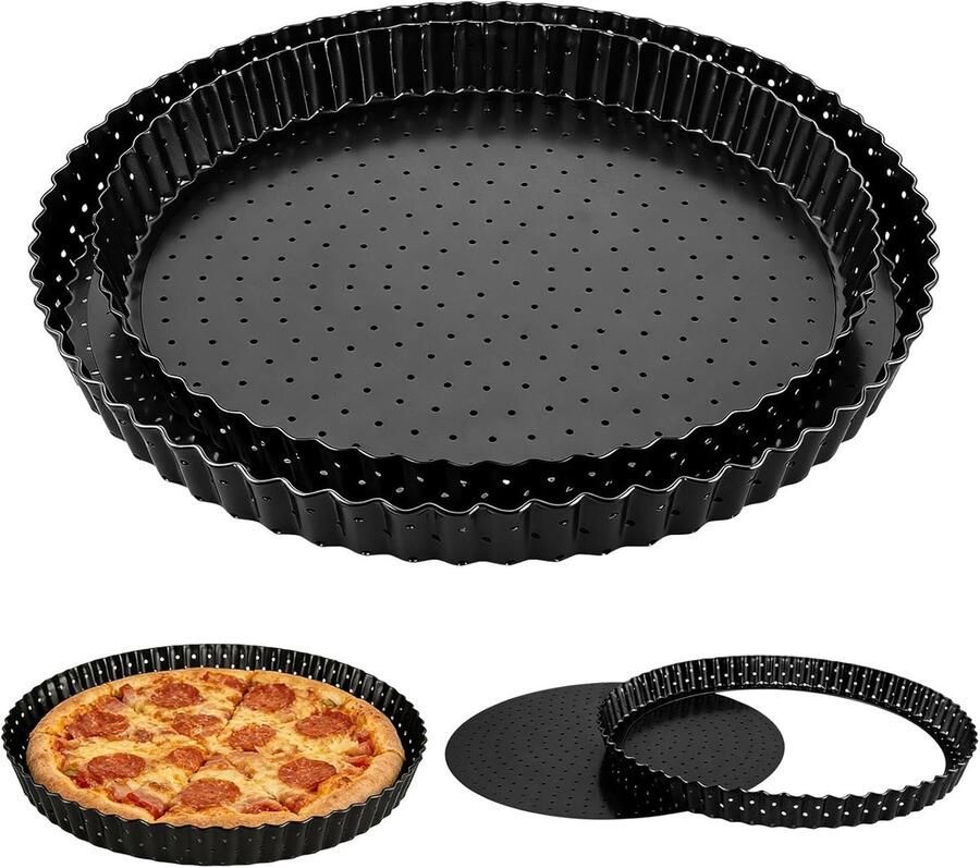 Set van 2 ronde taartvormen met hefbodem en gaten 26 cm en 30 cm ideaal voor quiches taarten en pizza's met anti-aanbaklaag van koolstofstaal