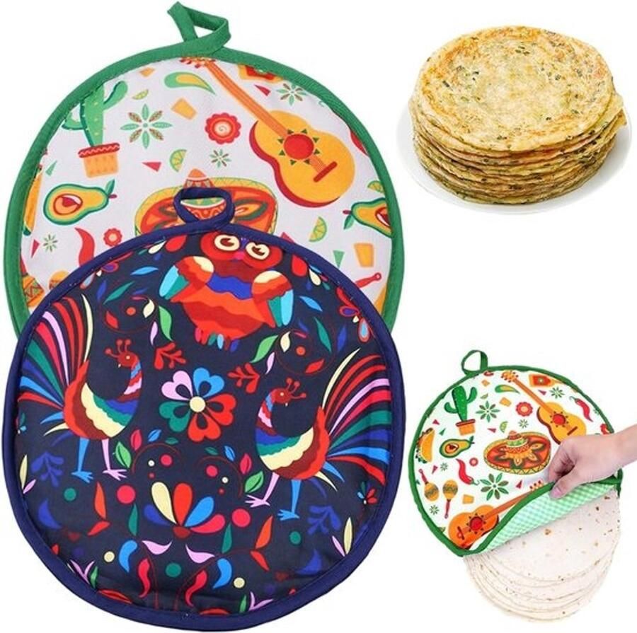 Set van 2 Ronde Tortilla Warmers met Bloemmotief Magnetronbestendig en Warmhoudend