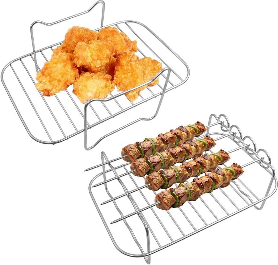 Set van 2 RVS Airfryer Racks met 4 Spieshouders voor Gezond Koken en Dehydrateren in Dubbele Zone Airfryers