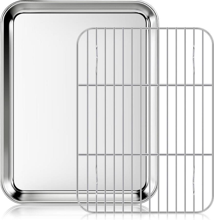 Set van 2 RVS Bakplaten met Draadrek Ovenbestendige Koekjesvorm met Koelrek – 25x20x3 cm – Anti-aanbak & Vaatwasserbestendig