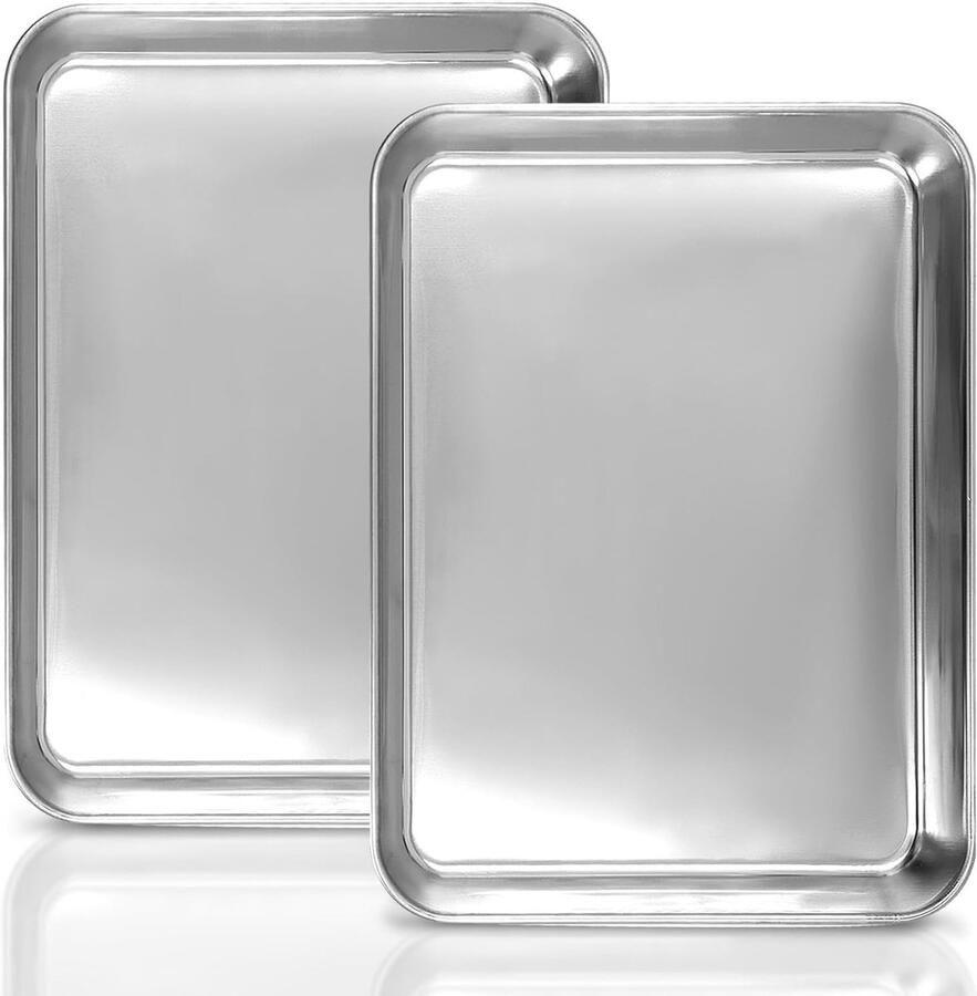 Set van 2 RVS Bakplaten voor Taarten Oven en Grillen Rechthoekige Bakvormen voor Bakken Roosteren en Serveren (26.5 x 20.5 x 2.5 cm)