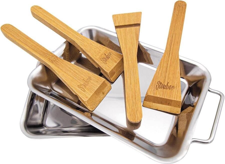 Set van 2 RVS Grillpannen met Houten Schrapers 18 x 12.5 x 2 cm