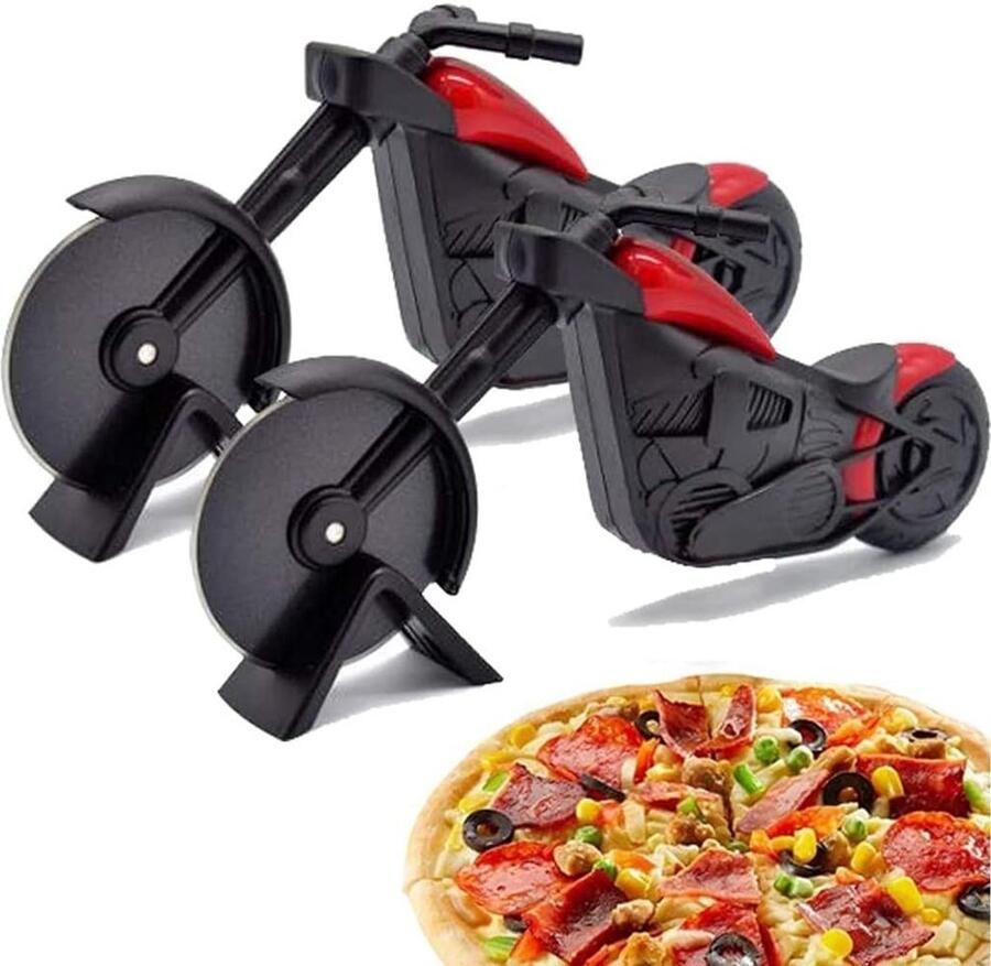 Set van 2 RVS Motorfiets Pizzasnijders met Plastic Handvat en Stand Creatieve Kerstcadeaus voor Pizzaliefhebbers