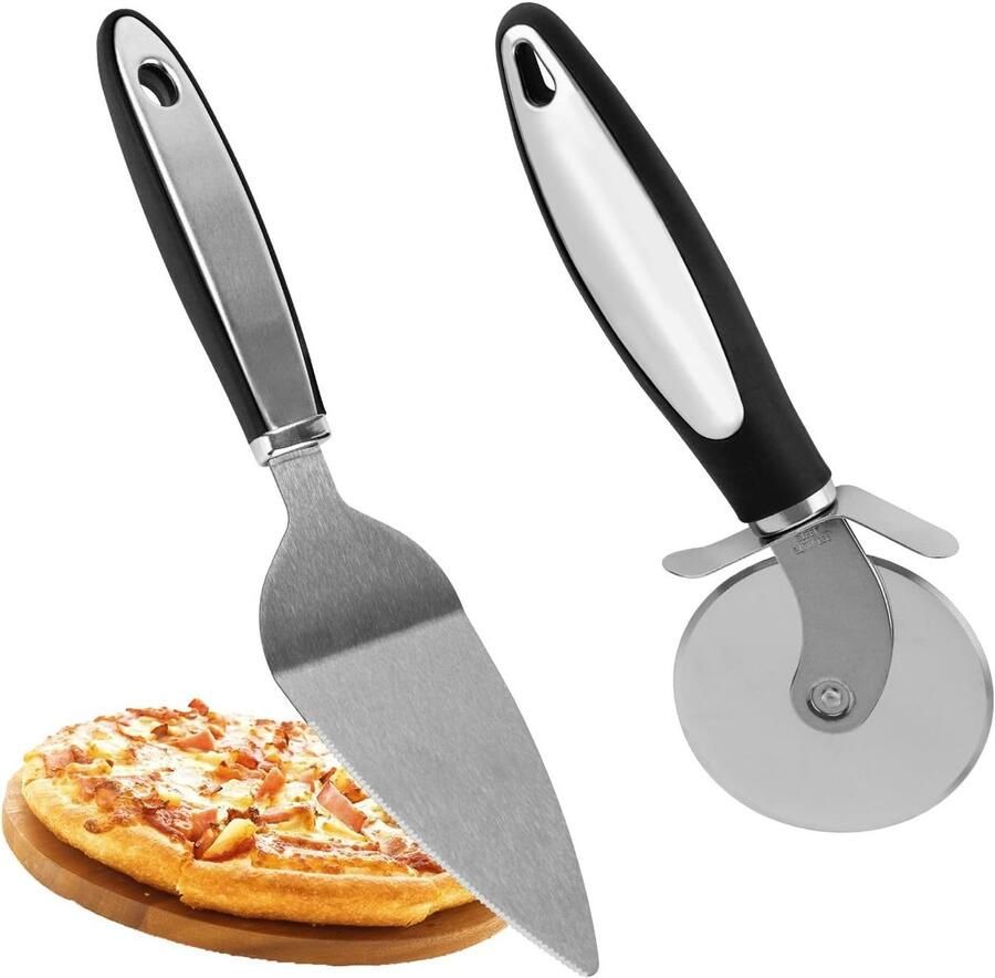 Set van 2 RVS Pizzasnijders en Pizzaschep met Bladbescherming Ideaal voor Keuken Feesten en Restaurants